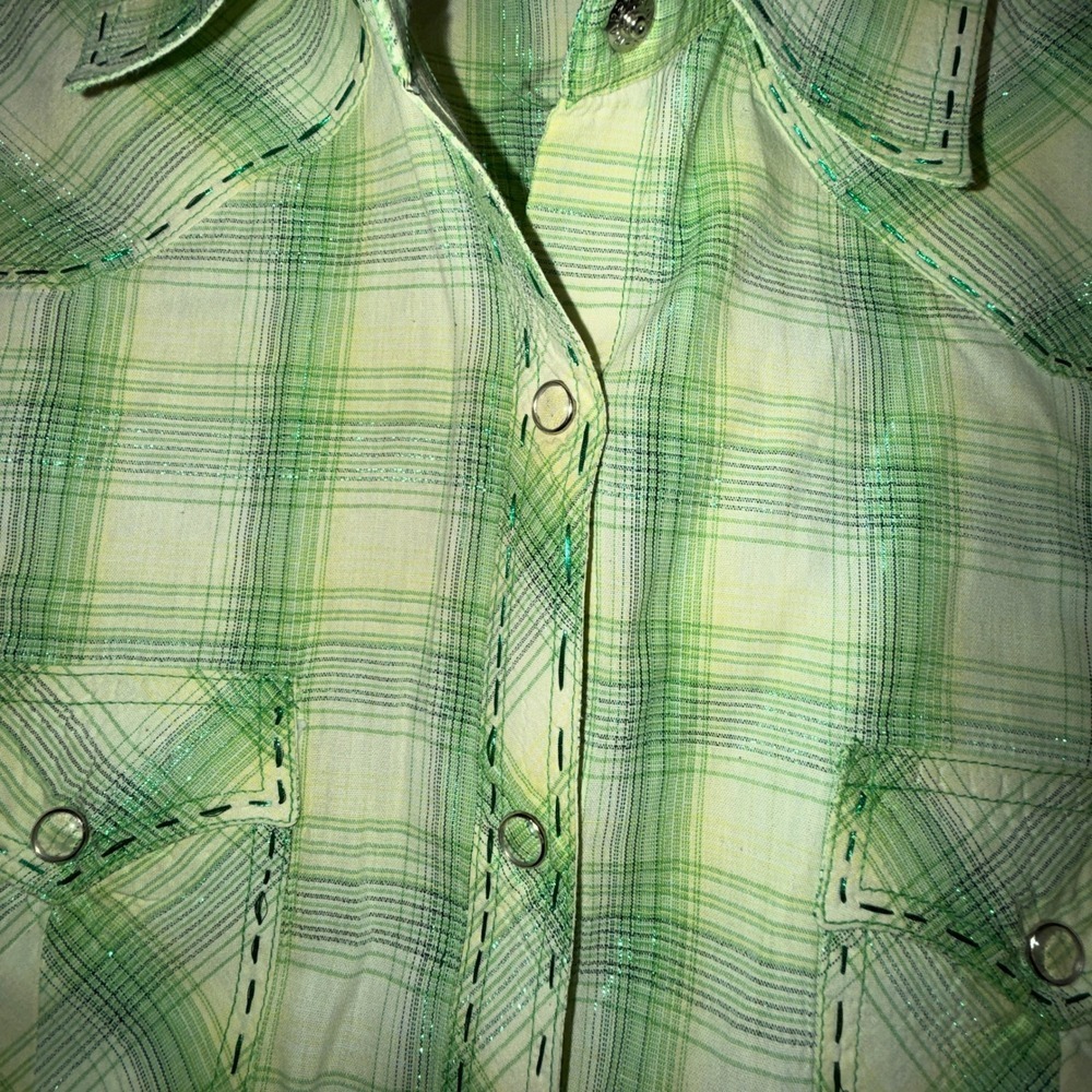 Panhandle Slim Green Cowgirl Core Plaid Western Snap Shirt Metallic Womens M - Picture 6 of 13